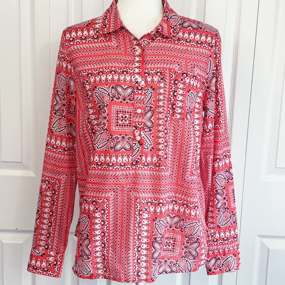 Tommy Hilfiger Preppy Coral & Navy Paisley Print Popover Shirt Medium